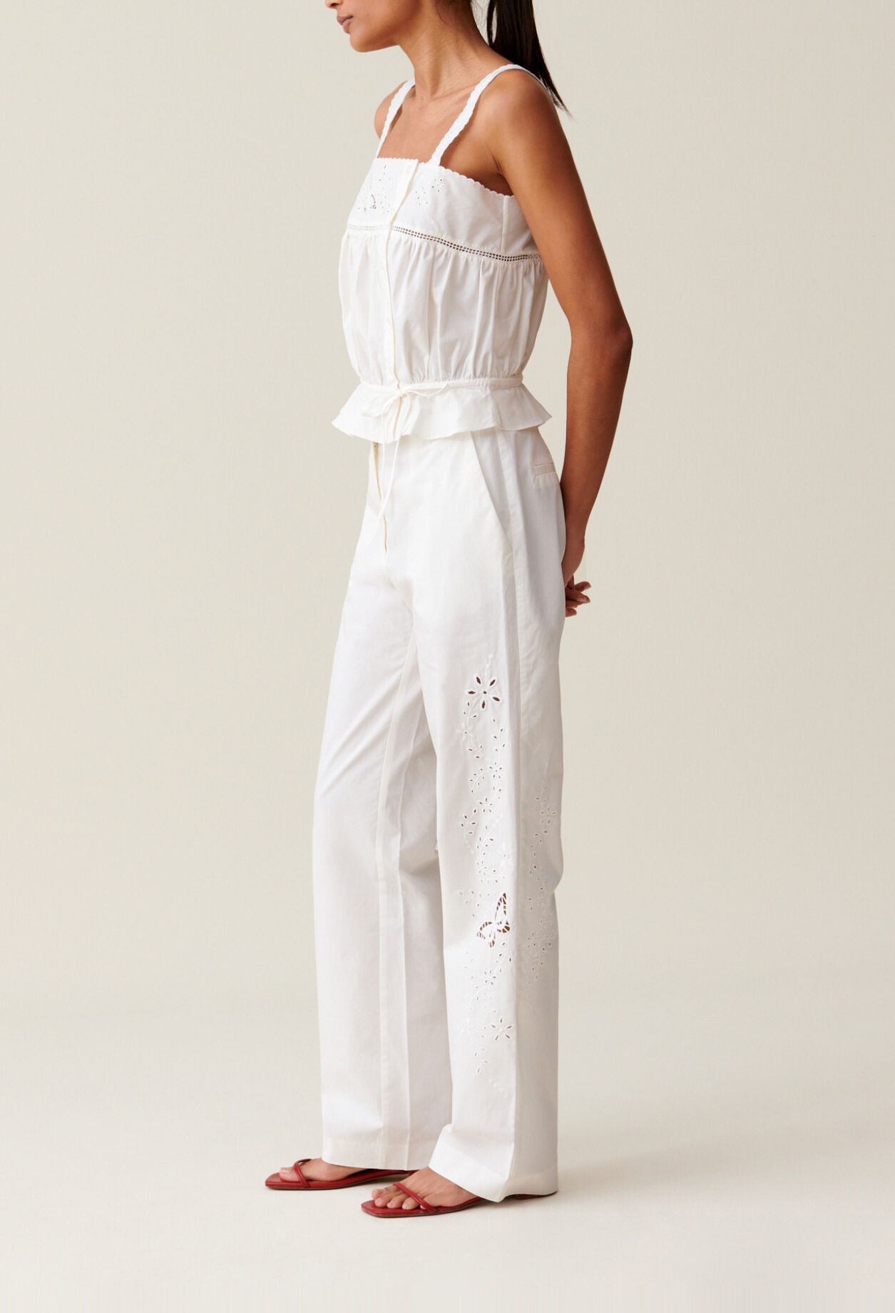 Ecru Straight-Leg Trousers Embroidery
