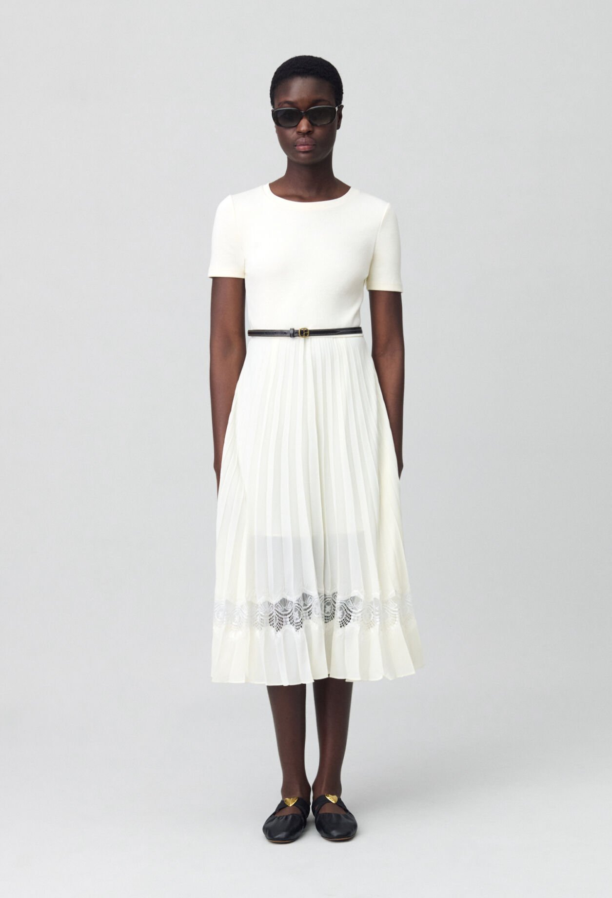 Twist ivory bi-material midi dress 