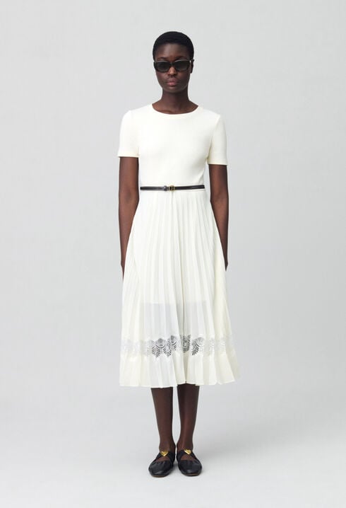 Twist ivory bi-material midi dress 