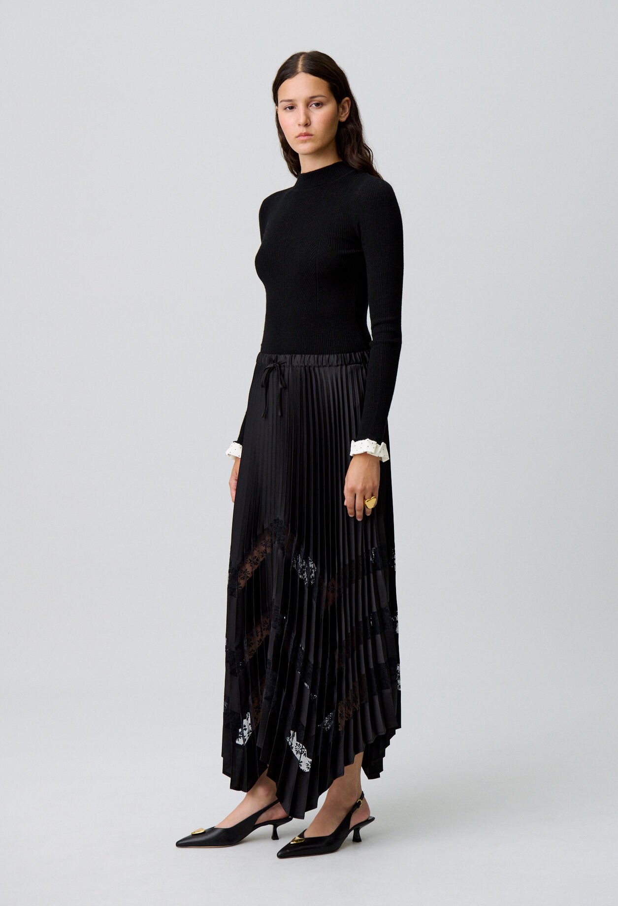 Pleated satin and lace skirt