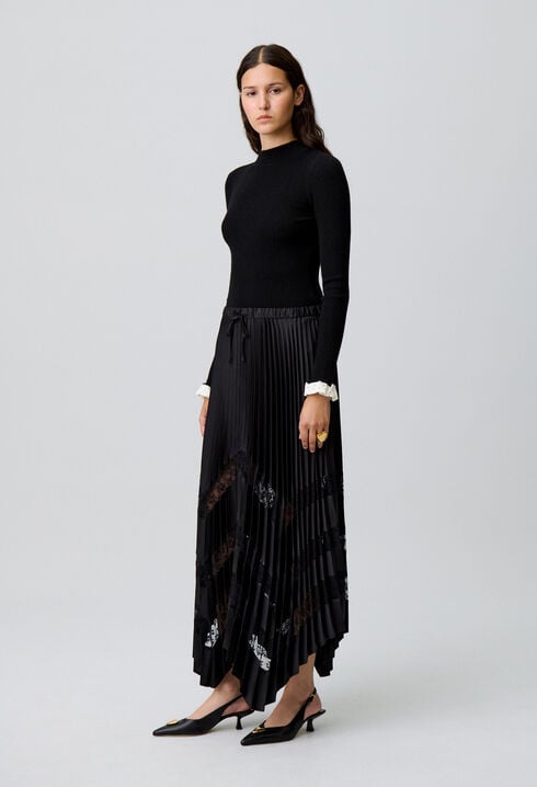 Pleated satin and lace skirt