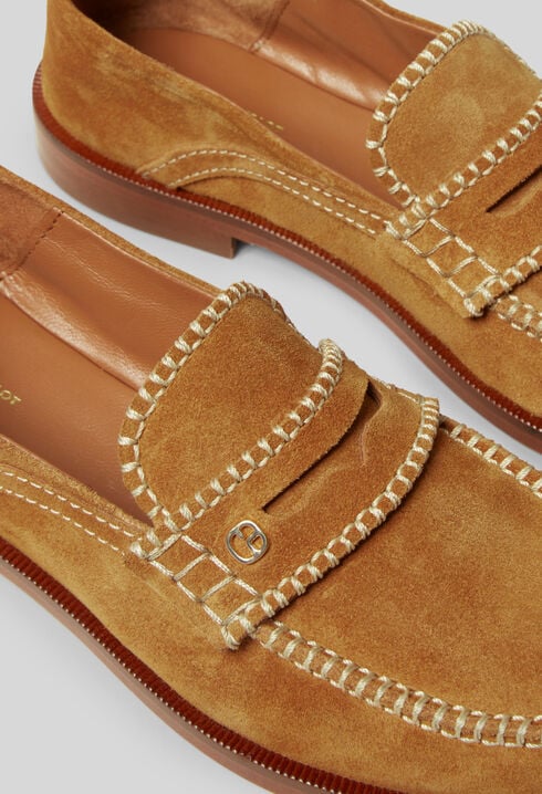 Suede mules with gold monogram
