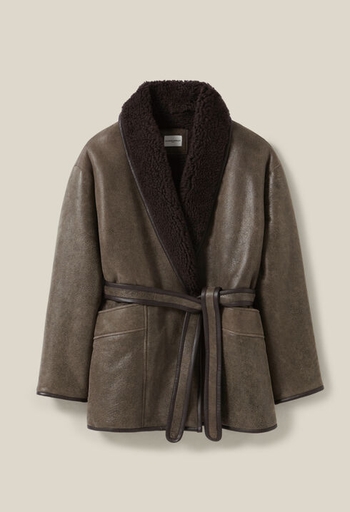 Taupe belted shearling jacket