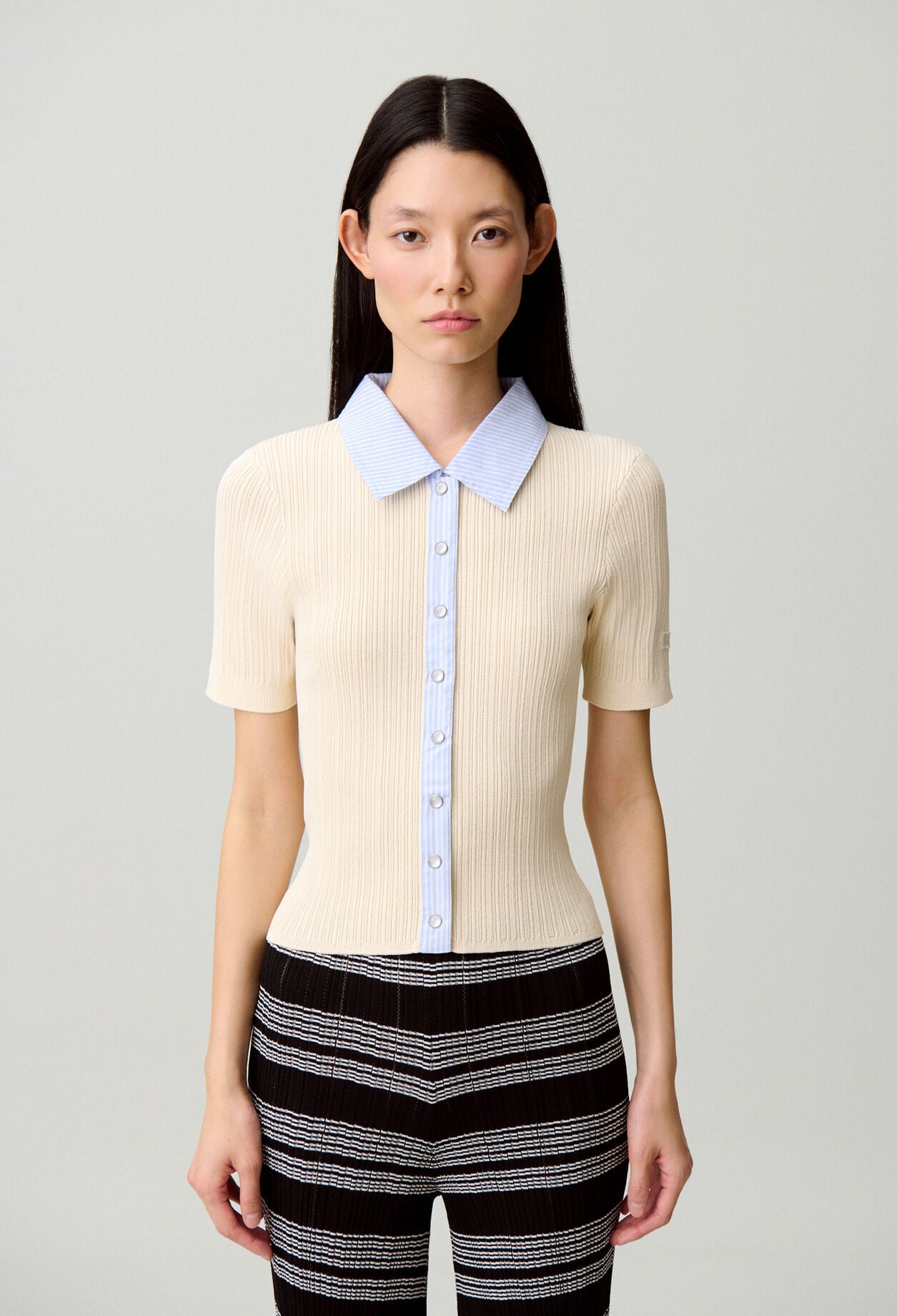 Striped bi-material cardigan