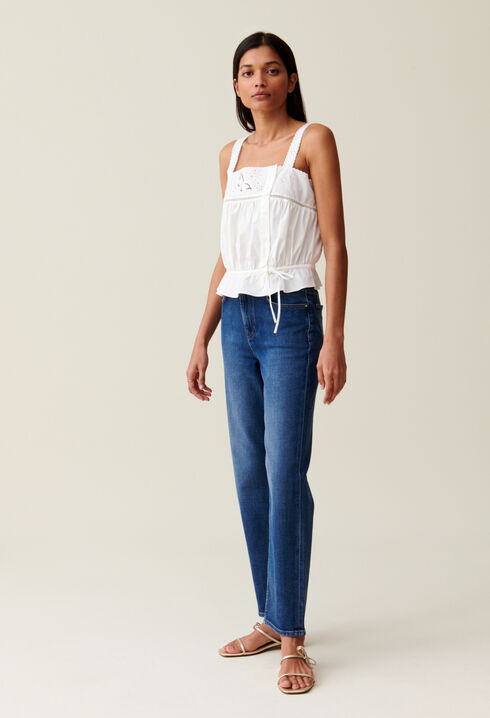 Square-neck embroidered ecru top