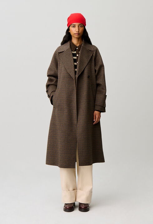 Mid-length checked belted coat