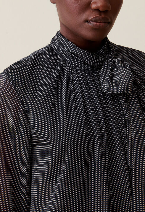 Fluid Check Tie-Neck Blouse