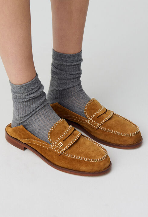 Suede mules with gold monogram