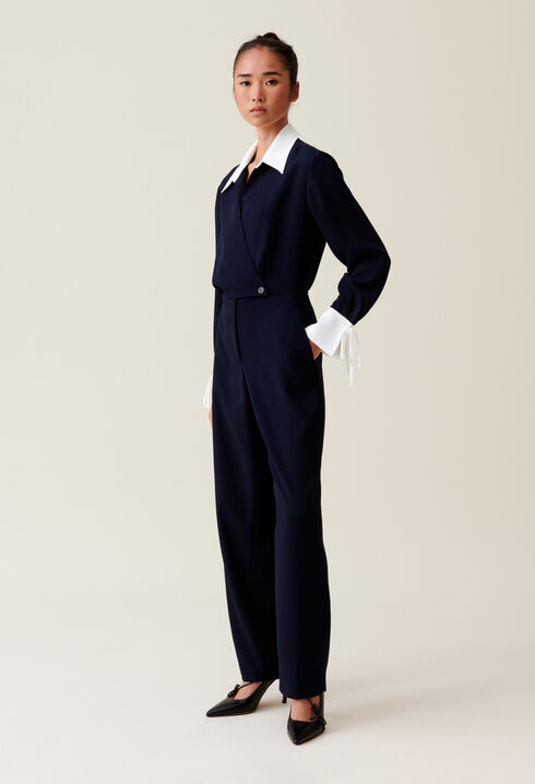 Navy dual-fabric jumpsuit