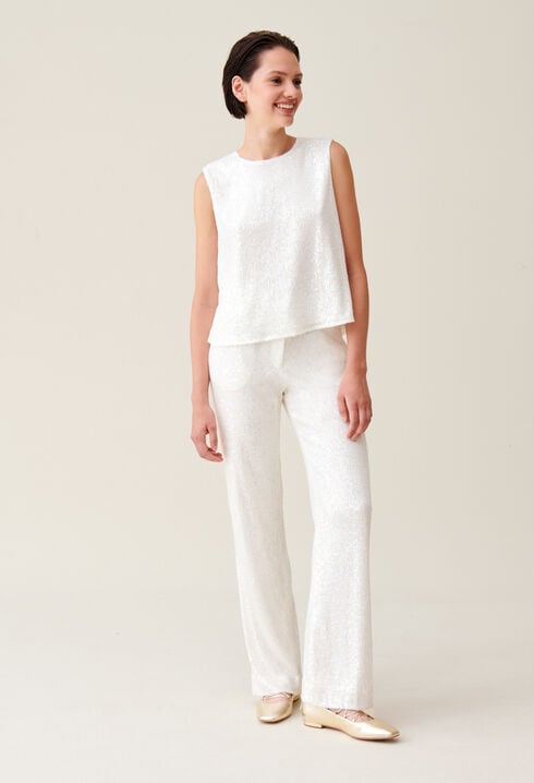 White sequinned trousers