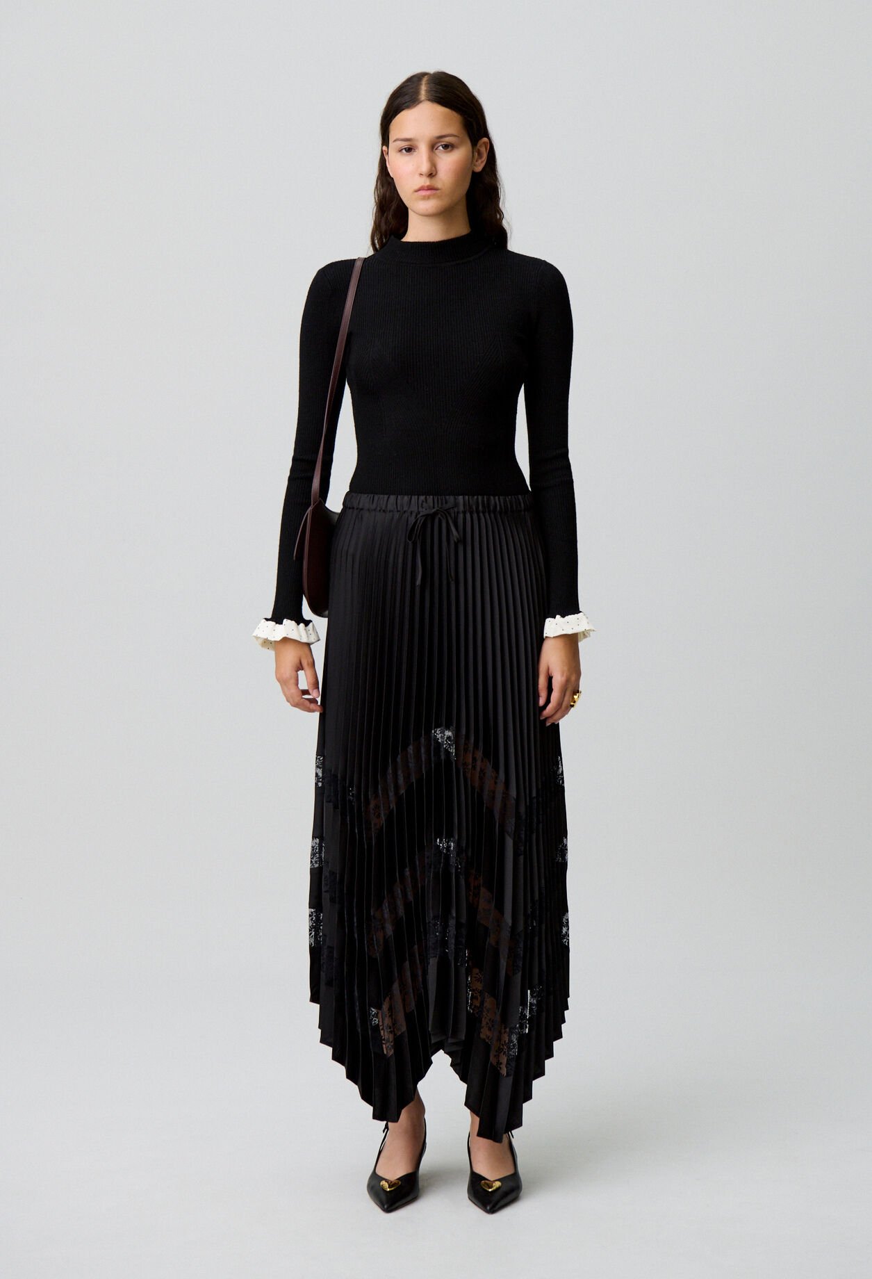 Pleated satin and lace skirt