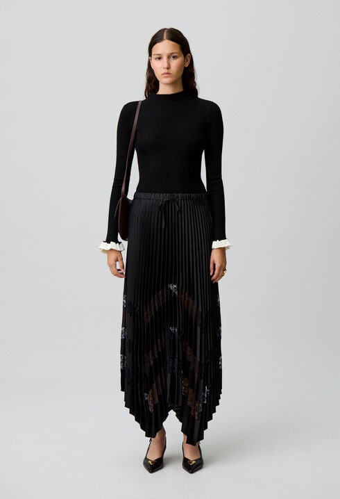 Pleated satin and lace skirt