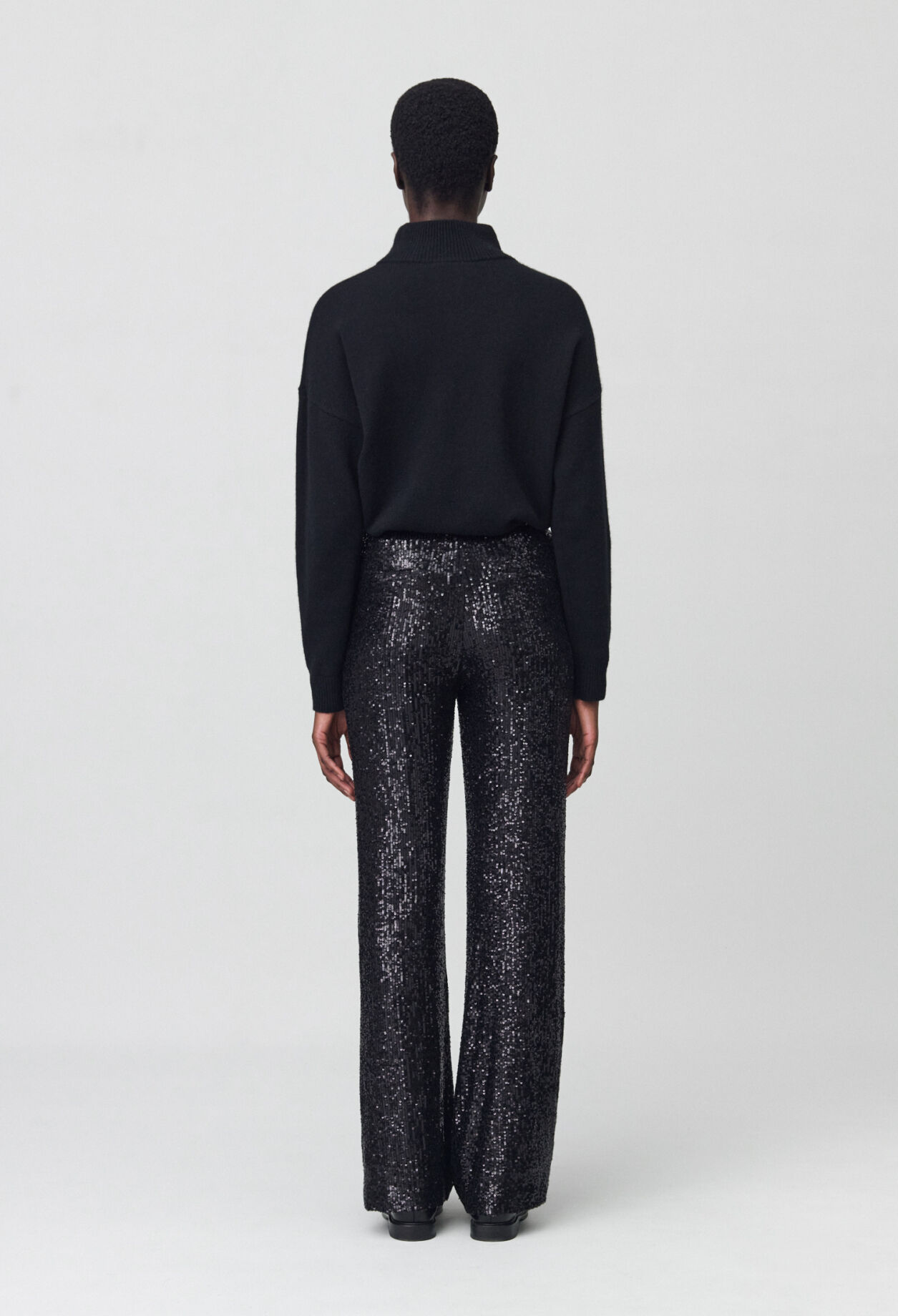 Straight-leg black sequin trousers