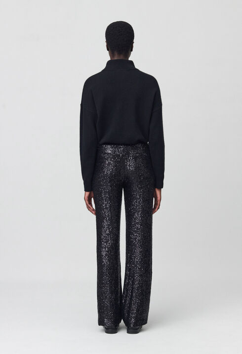 Straight-leg black sequin trousers