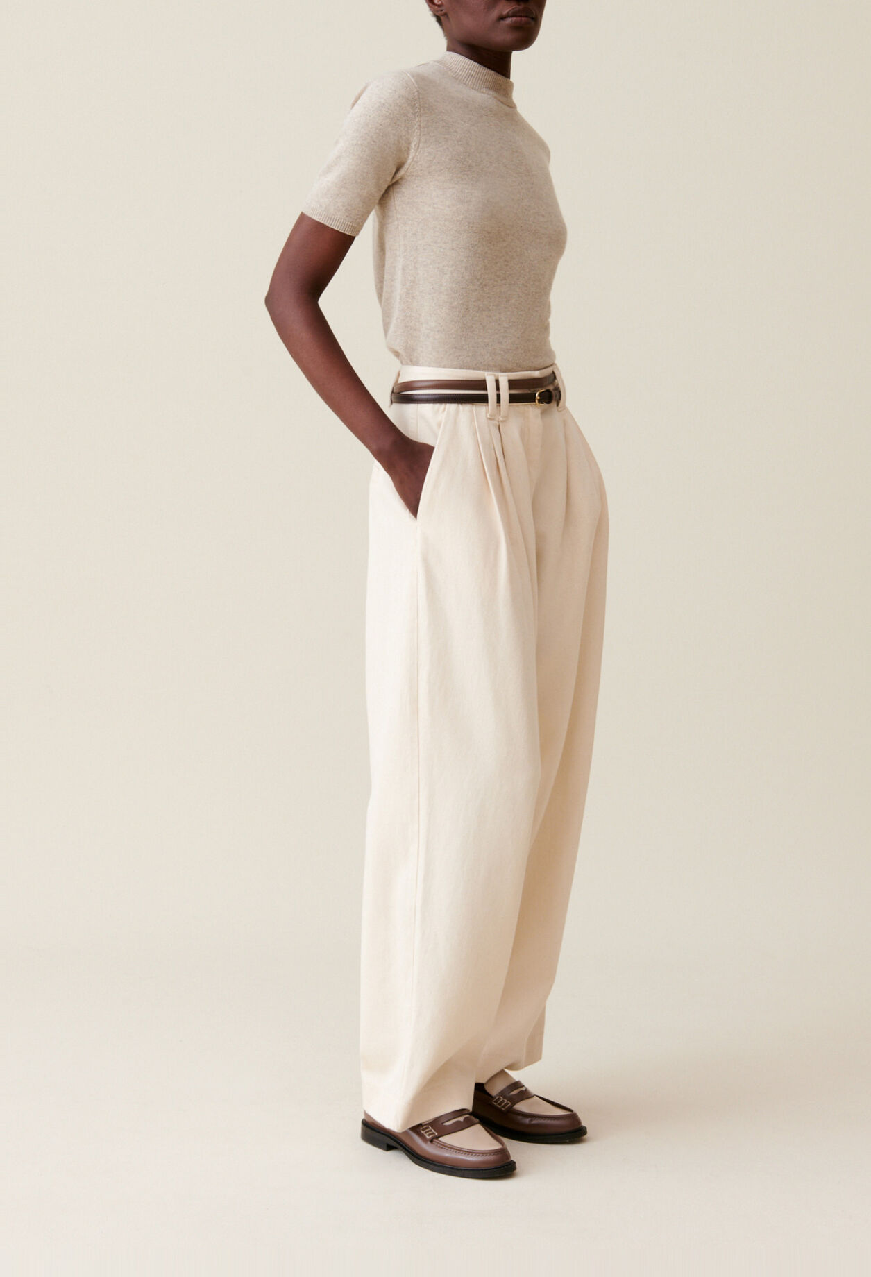 Wide pleated denim trousers