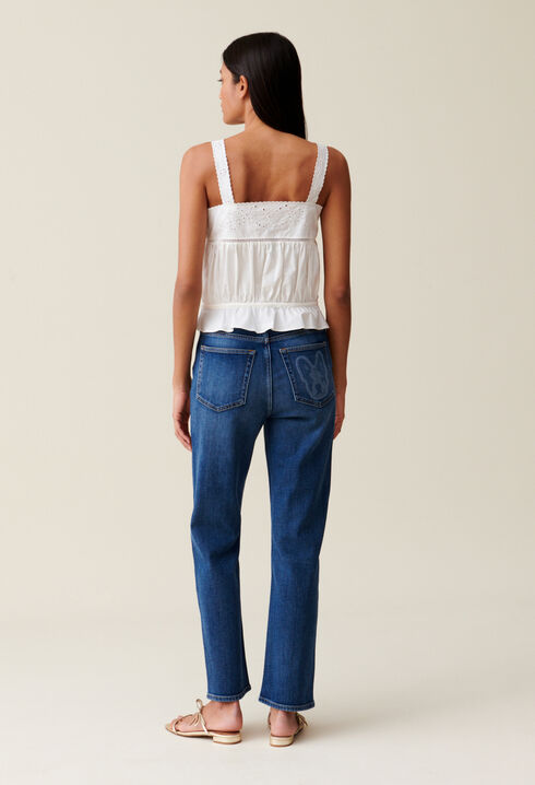 Square-neck embroidered ecru top