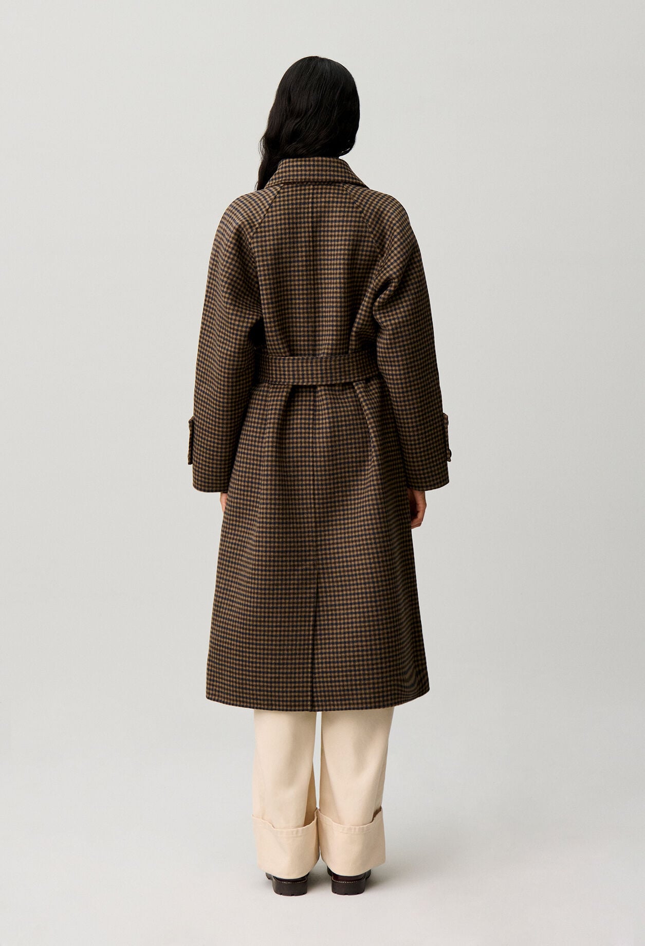 Mid-length checked belted coat
