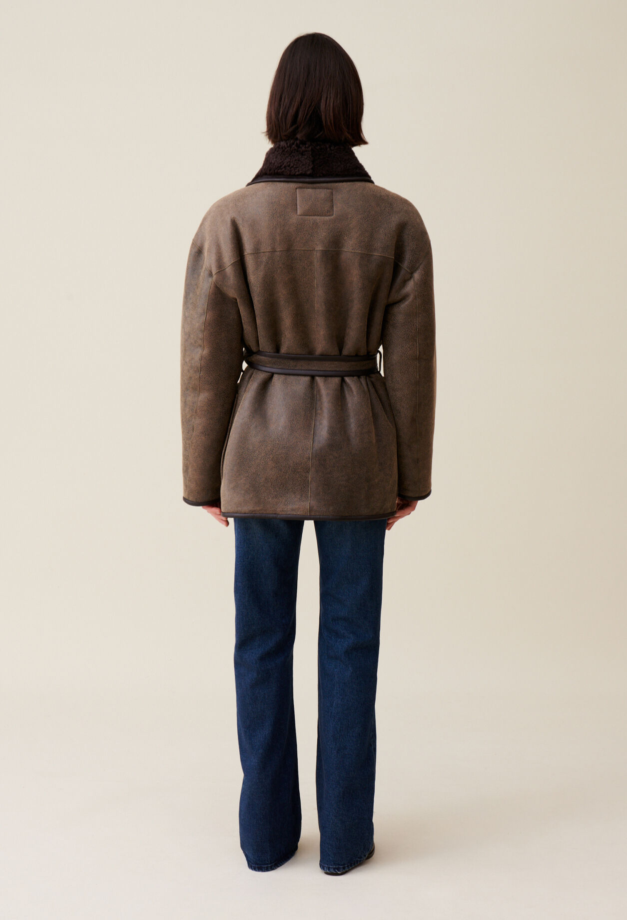 Taupe belted shearling jacket