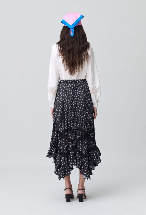 Asymmetric Floral Pleated Skirt