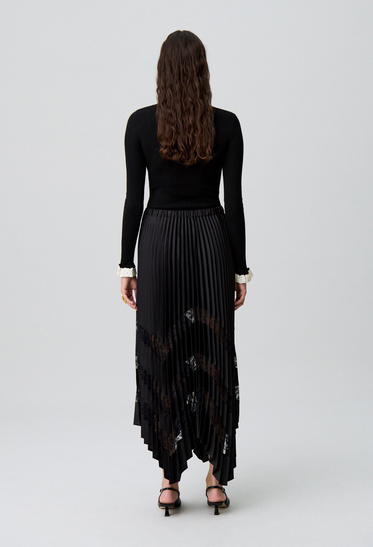 Pleated satin and lace skirt