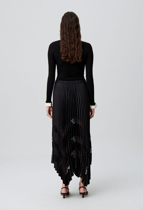Pleated satin and lace skirt