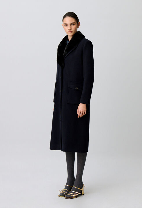 Long wool coat faux fur collar
