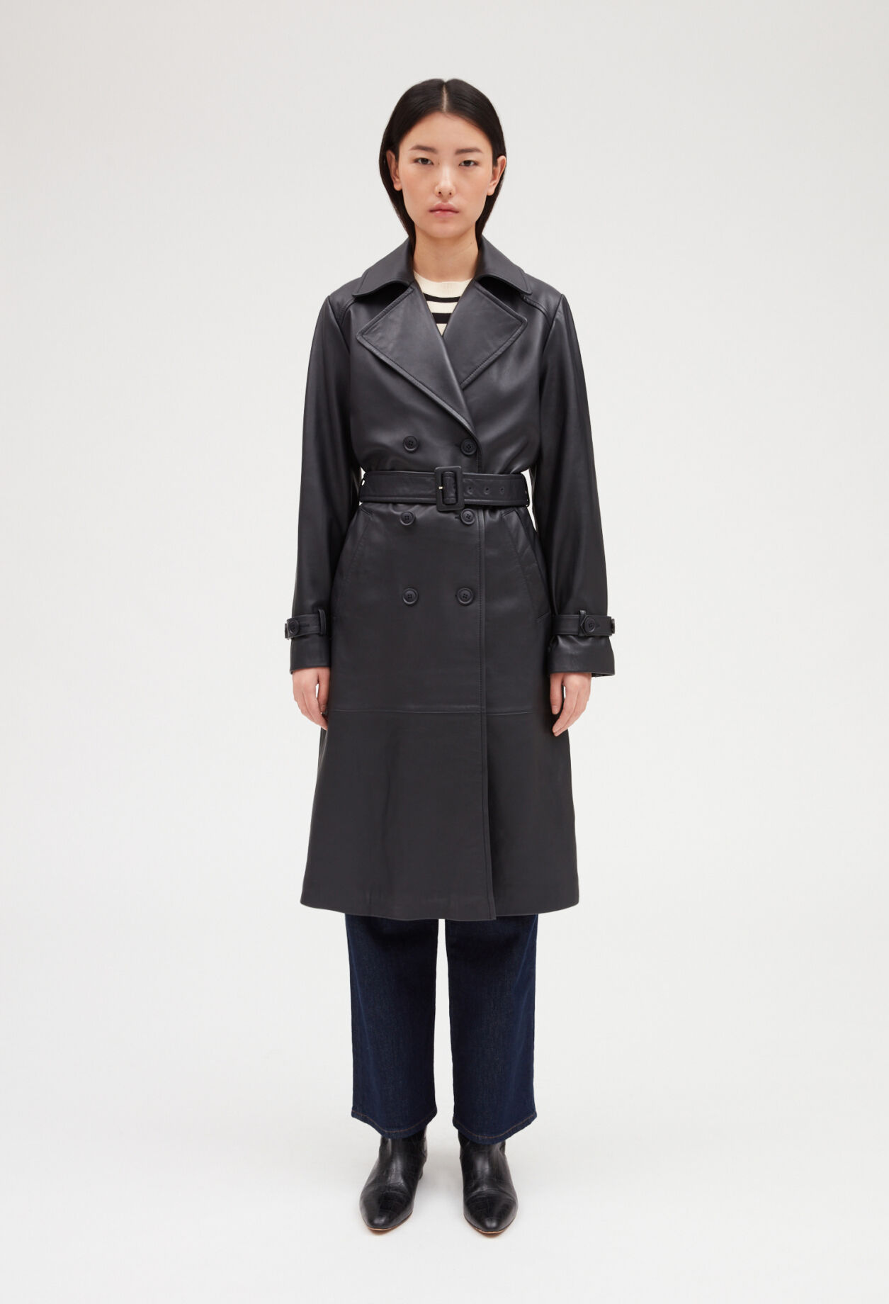 Smooth leather navy trench coat