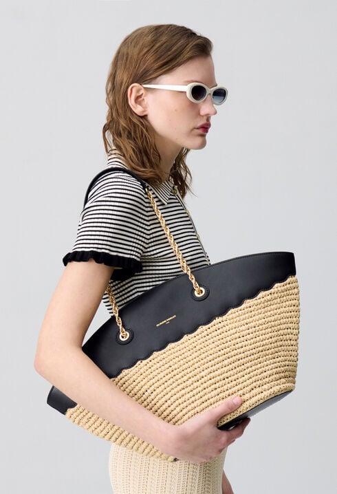 Woven Basket Bag Leather Trim