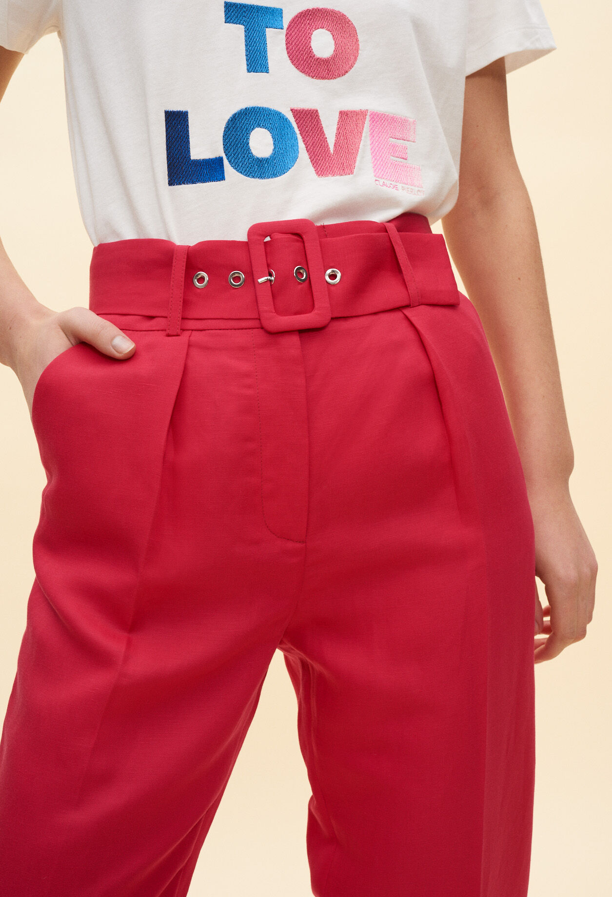 Fuchsia tailored-fit belted trousers