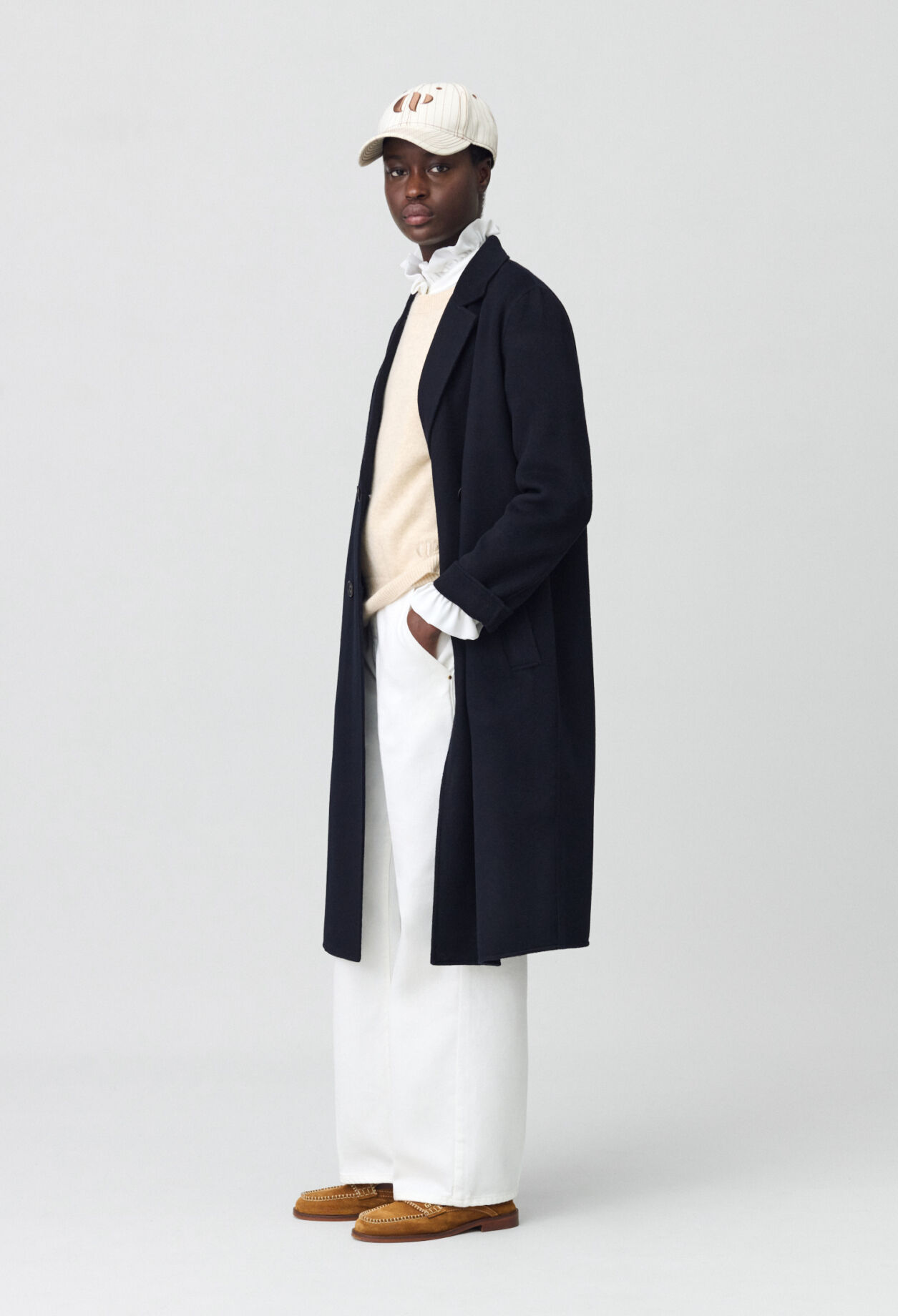 Navy blue mid-length wool coat