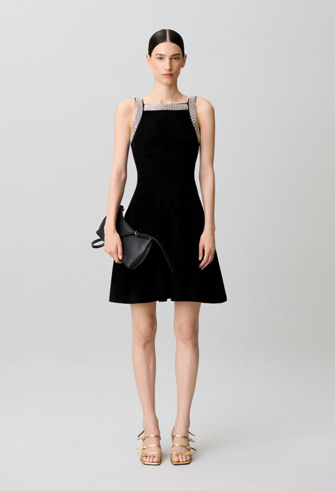 Flared beaded velvet knit dress