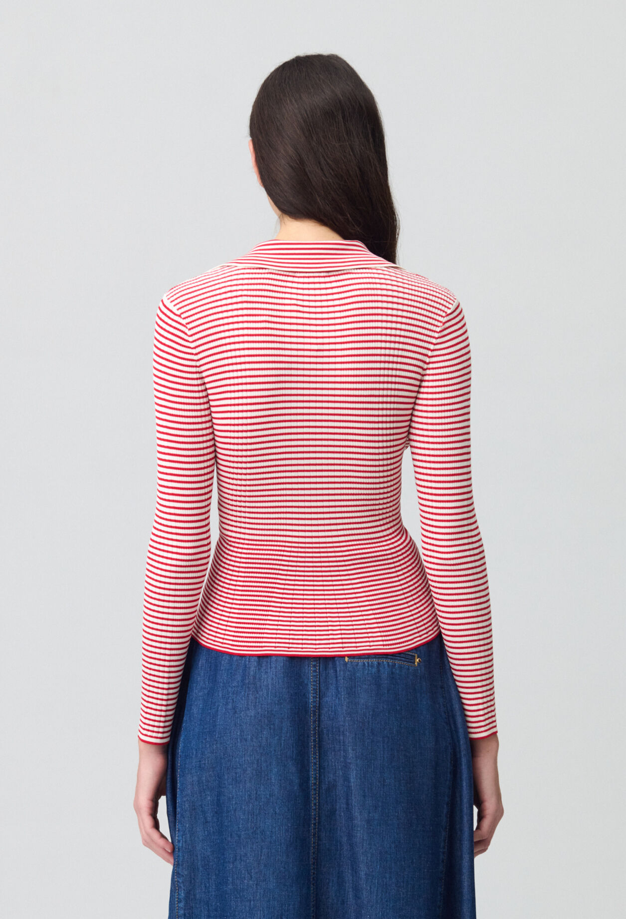 Striped frilled fine knit top
