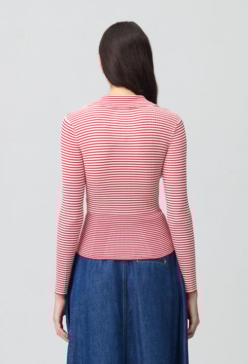 Striped frilled fine knit top