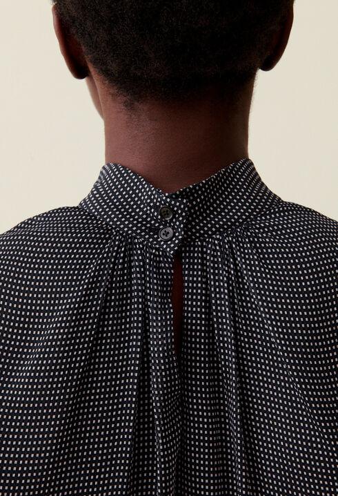 Fluid Check Tie-Neck Blouse