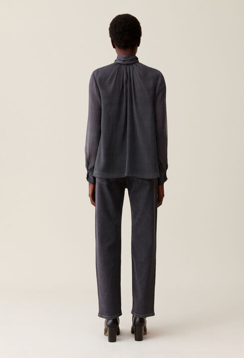 Fluid Check Tie-Neck Blouse