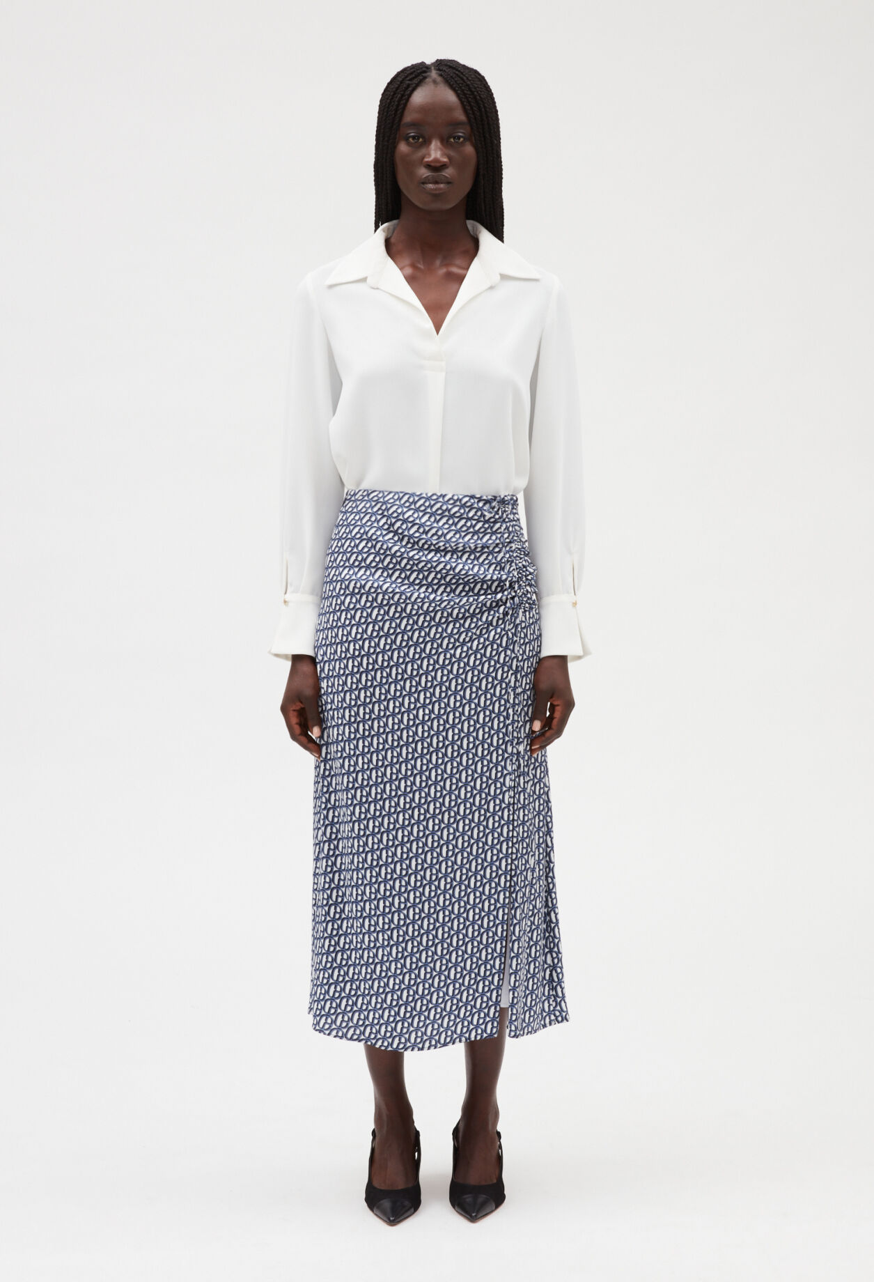 Monogrammed blue midi skirt