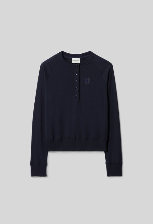Navy Cotton Henley Top with Lace Heart