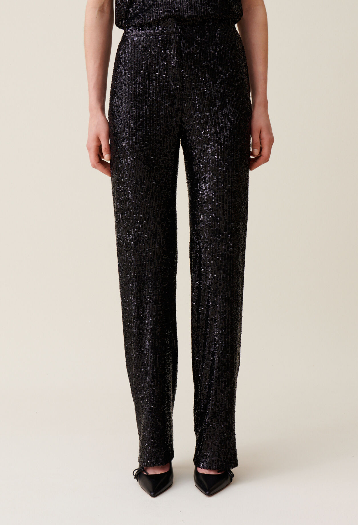 Straight leg black sequin trousers