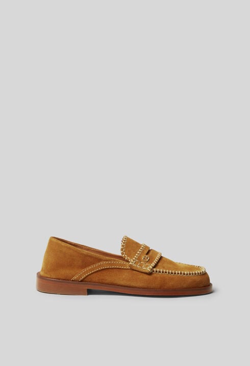 Suede mules with gold monogram