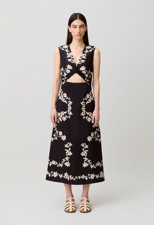 Long black embroidered dress