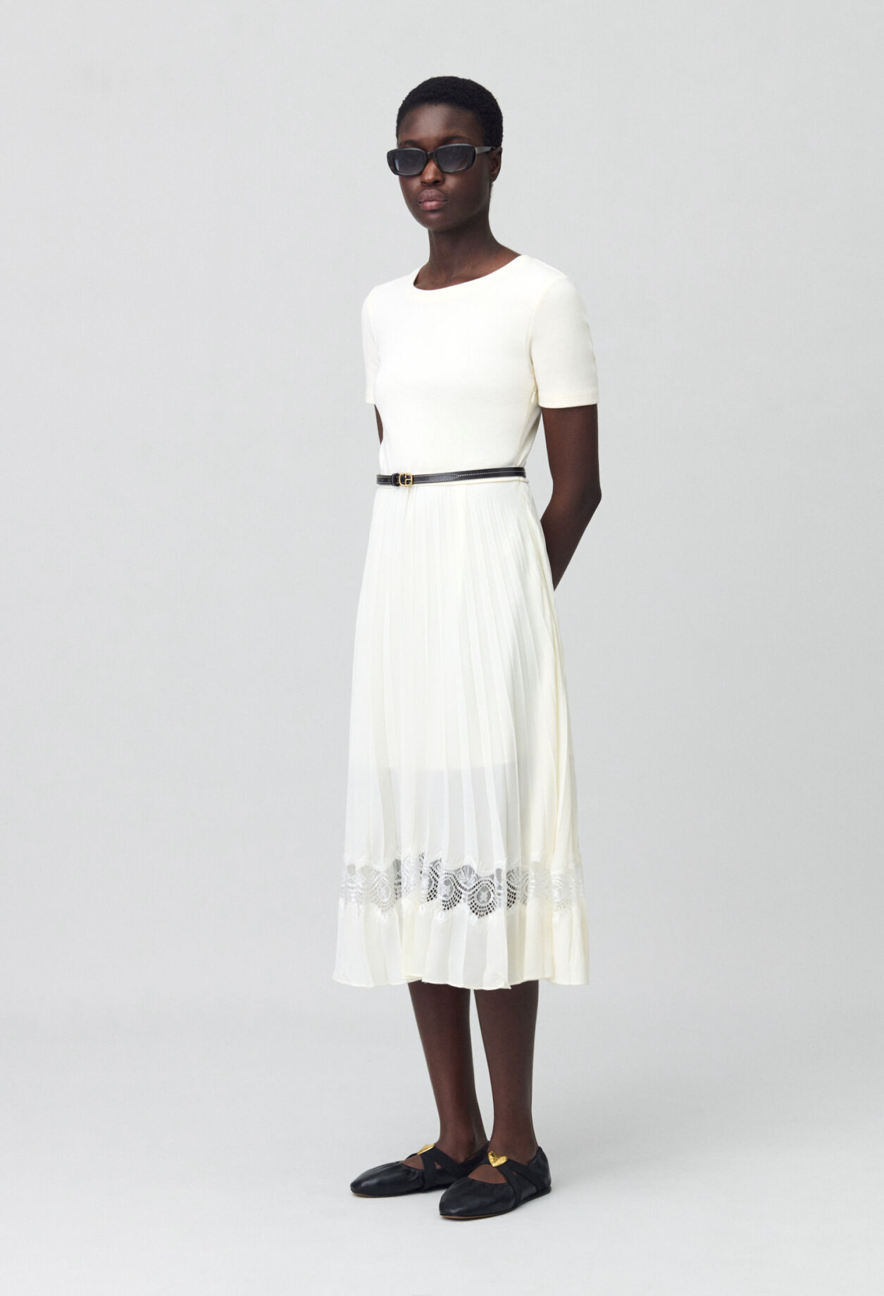 Twist ivory bi-material midi dress 