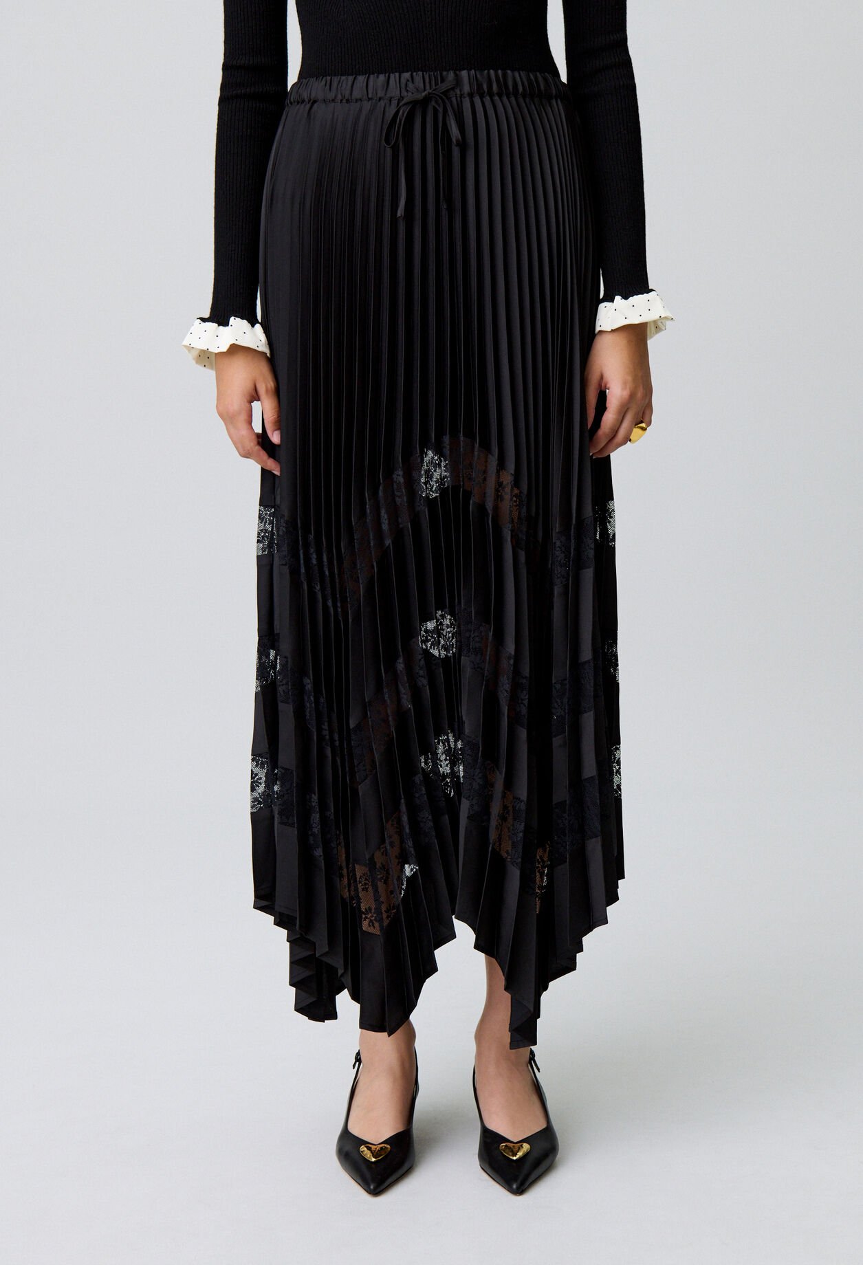 Pleated satin and lace skirt