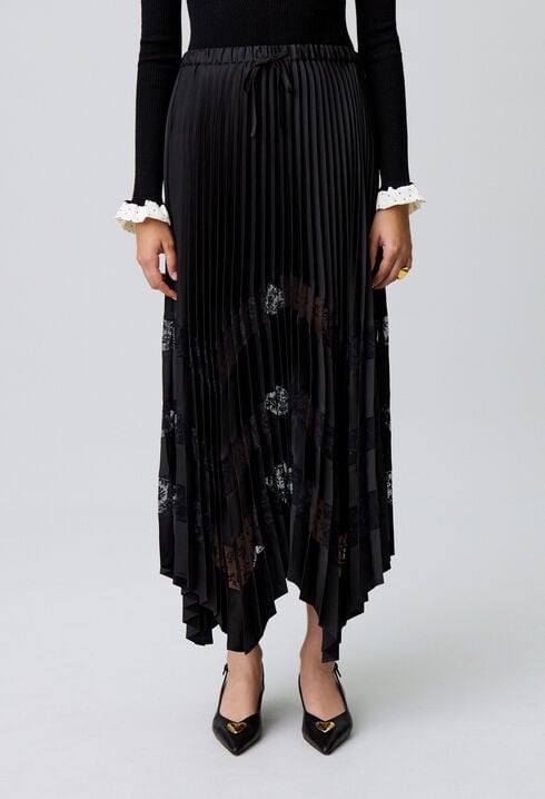 Pleated satin and lace skirt