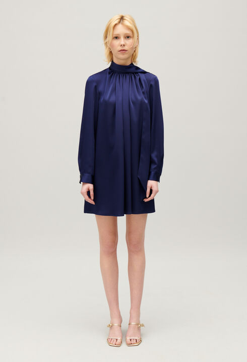 Short indigo pussy bow dress