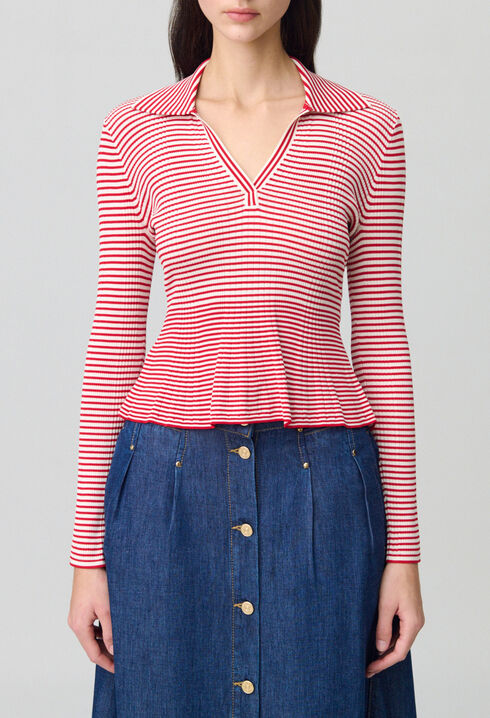 Striped frilled fine knit top