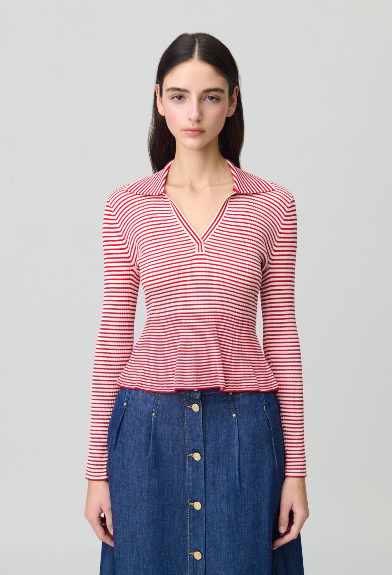 Striped frilled fine knit top