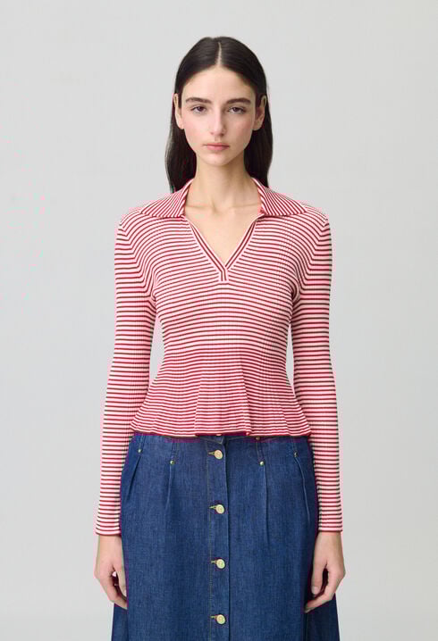 Striped frilled fine knit top