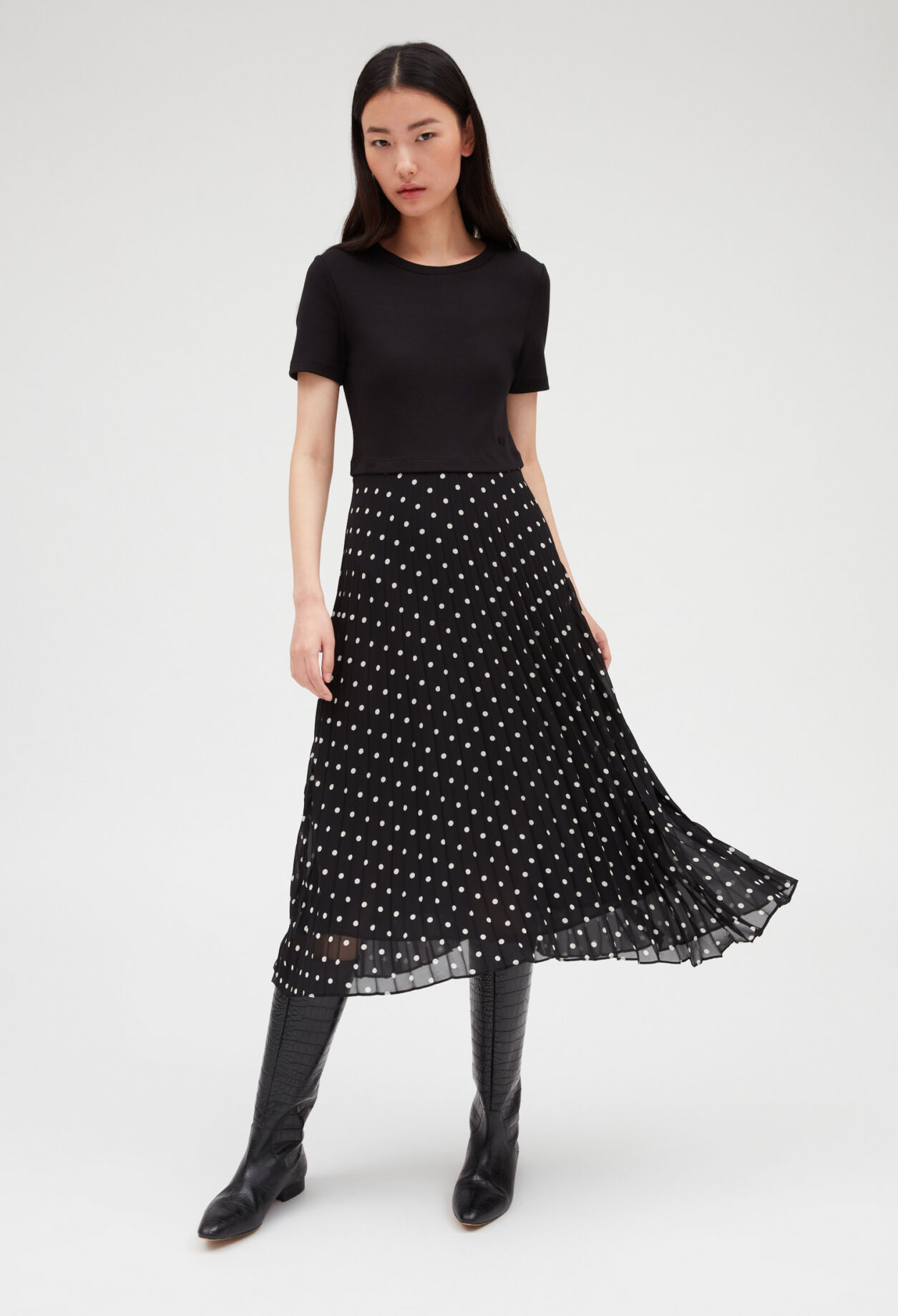 Two tone mid length polka dot dress