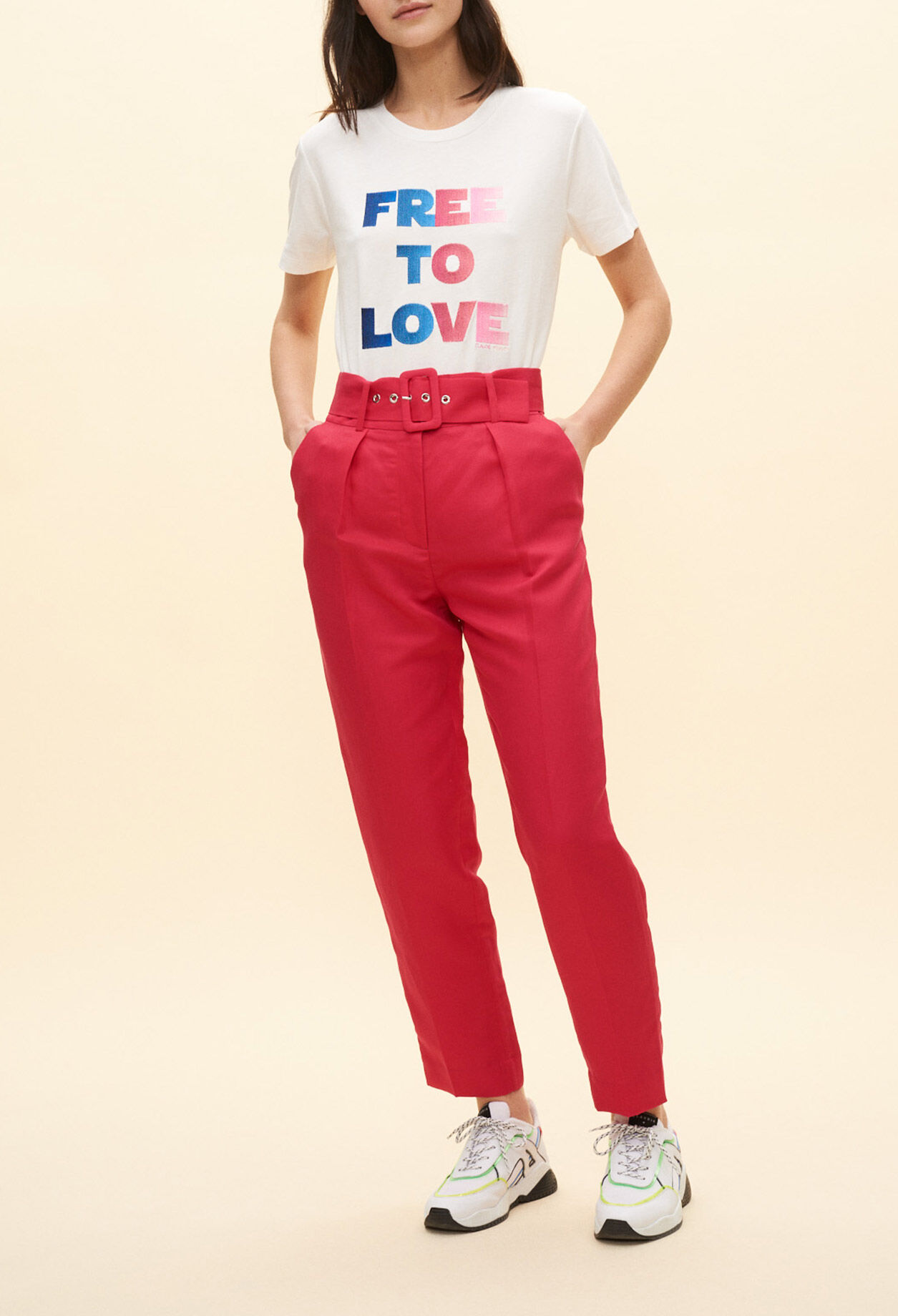 Fuchsia tailored-fit belted trousers