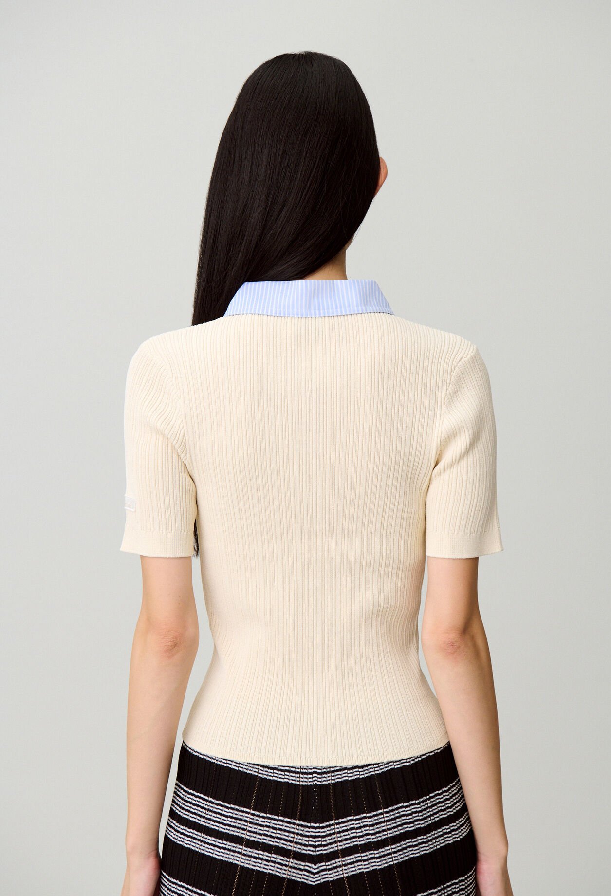 Striped bi-material cardigan